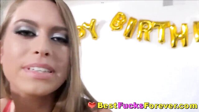 birthday, teenage stockings, teen blowjob - surprise 4some sex