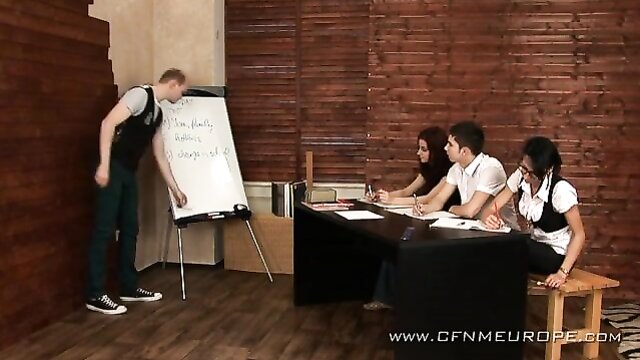 busty brunettes, busty brunette, cfnm femdom - femdom cock jerking by cfnm busty brunettes