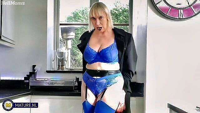 kitchen, mature, solo girl - blonde dildo kitchen action