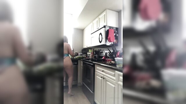 bbw, big ass, big tits - big tits and topless cooking with a mature milf