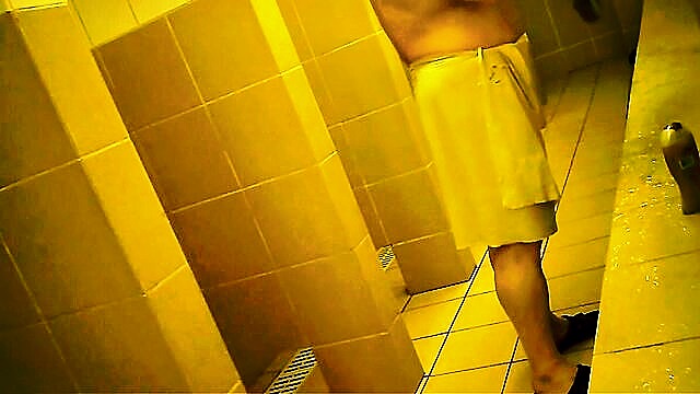 bear, locker room, amateur - public pool shower handjob