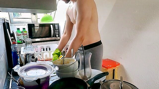 latex gloves, gay jerking off, amateur - grubby dishwasher kitchen action
