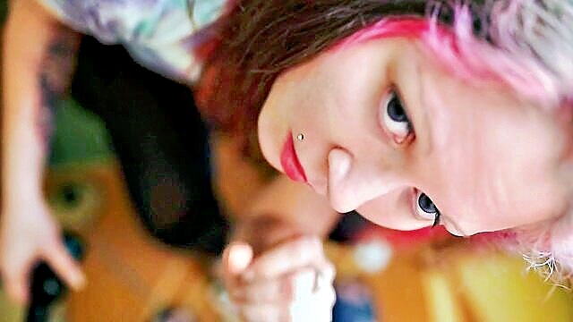 cumshot, foot fetish, blowjob - pinkhair angel footjob