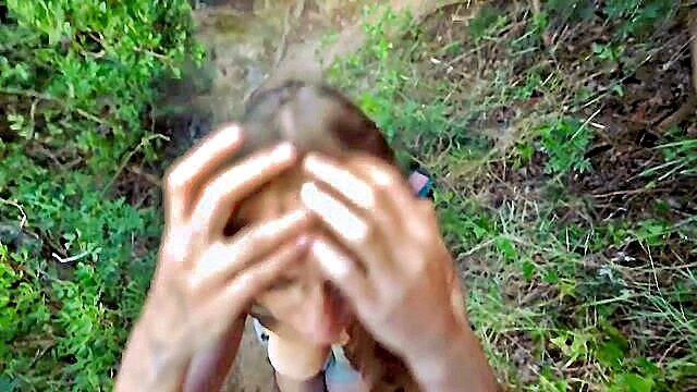 big tits, public, pov - risky public sex in woods