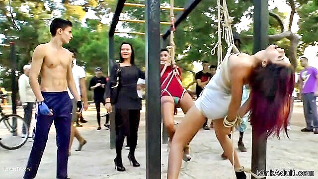 bondage, kink adult, public nudity - lesbian gym torment