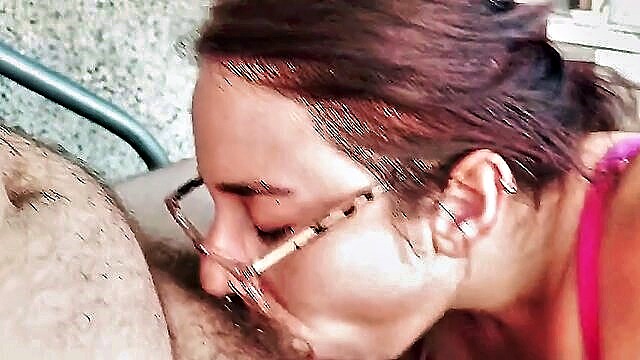 huge tits, big boobs porn, big tits swallow - public balcony blowjob with glasses