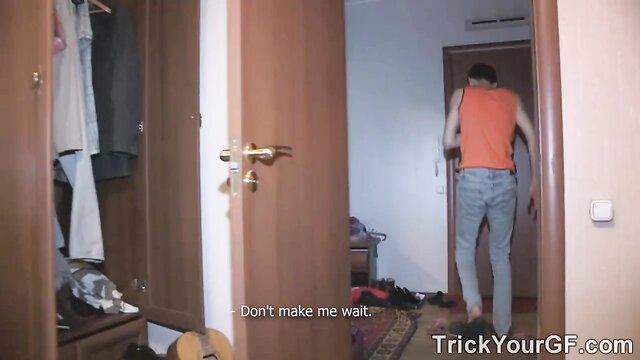 shaved coed enjoys surprise fucking from behind : Trick Your GF