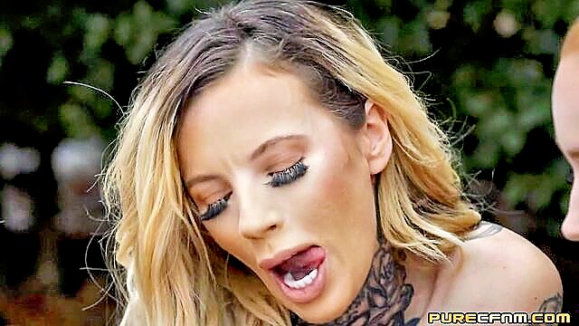 Amber Green - inked threesome outdoor action