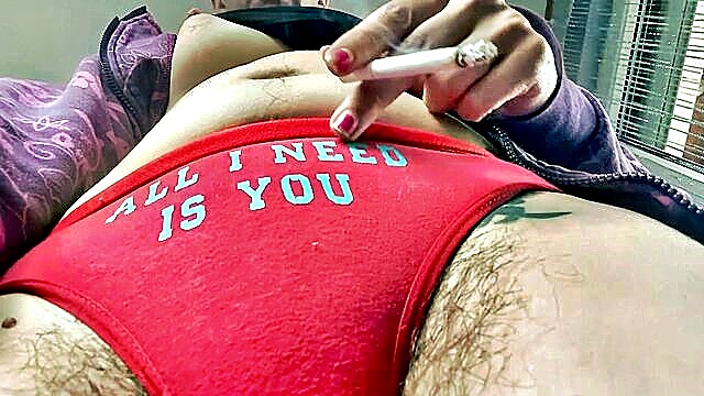 panties, smoking, tits - hairy pussy in your face