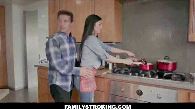 Melissa Lynn - stepmom seduces stepson with big breasts in family kitchen