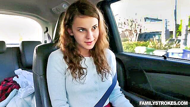 blowjobs, brunette, cum shots - familystrokes video featuring stepdaughter ellie eilish in a car sex scene