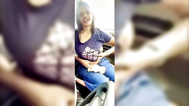 car, kerala, top - young indian woman displays her large breasts in a car