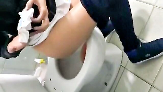 a girl cleans the toilet seat with toilet paper and then takes a piss before cleaning her own vagina and flushing the toilet : lehner_aidan